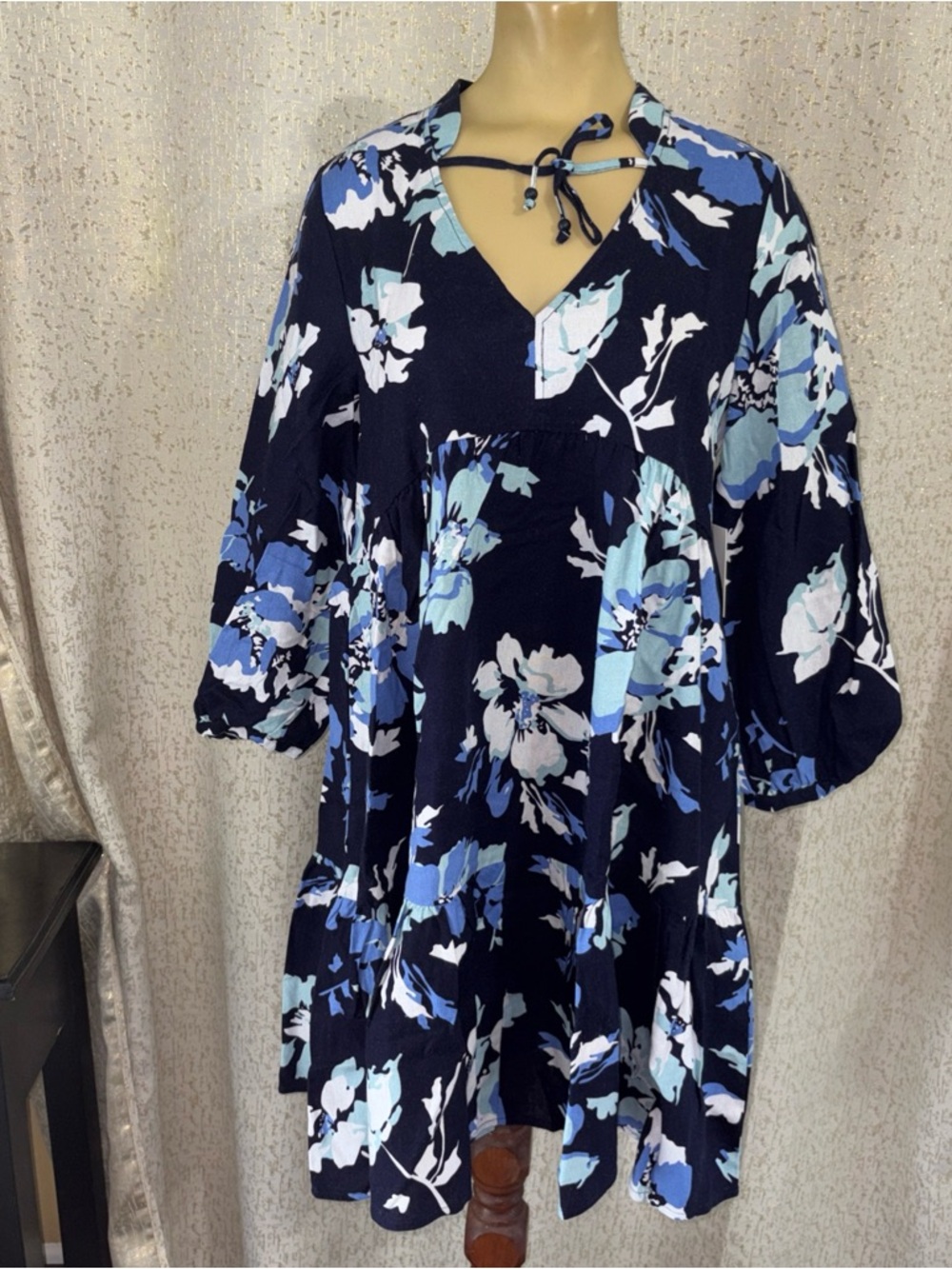 Ellen Tracy Navy Blue Floral Tunic Dress